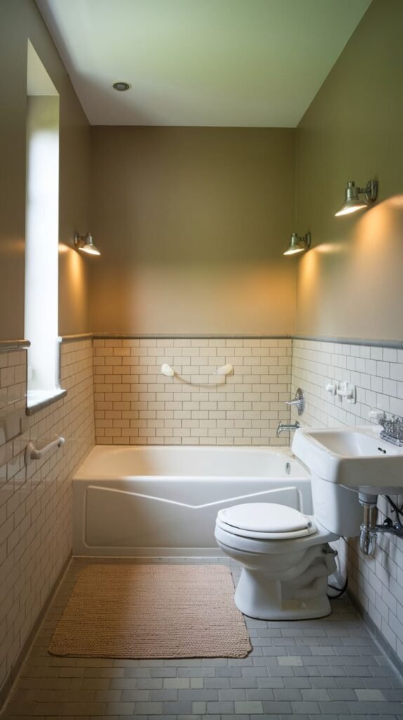 Small Full Bathroom with white subway tile wainscoting, gray square floor tiles, a built-in tub with a curved grab bar, a wall-mounted sink, and twin wall sconces above the tub.