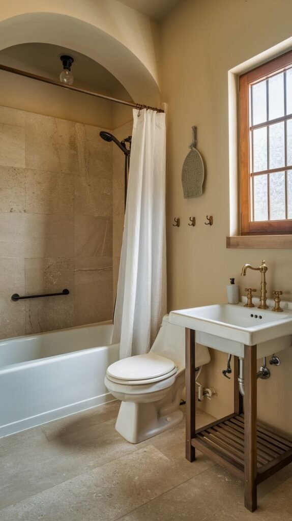 Small Full Bathroom with an architectural archway leading into the tub area, large tan stone-look tile shower walls, a wooden sink stand with a slatted shelf, and brass fixtures.