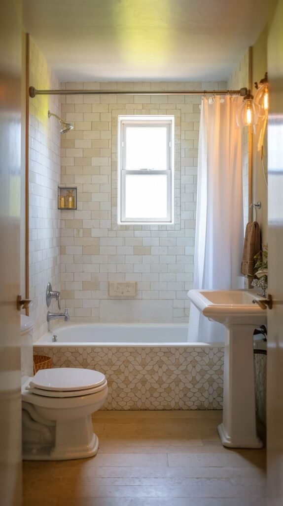 Small Full Bathroom with striking pebble mosaic tile tub skirt, white subway tile shower walls, large format stone floor tiles, a pedestal sink, and a toilet.