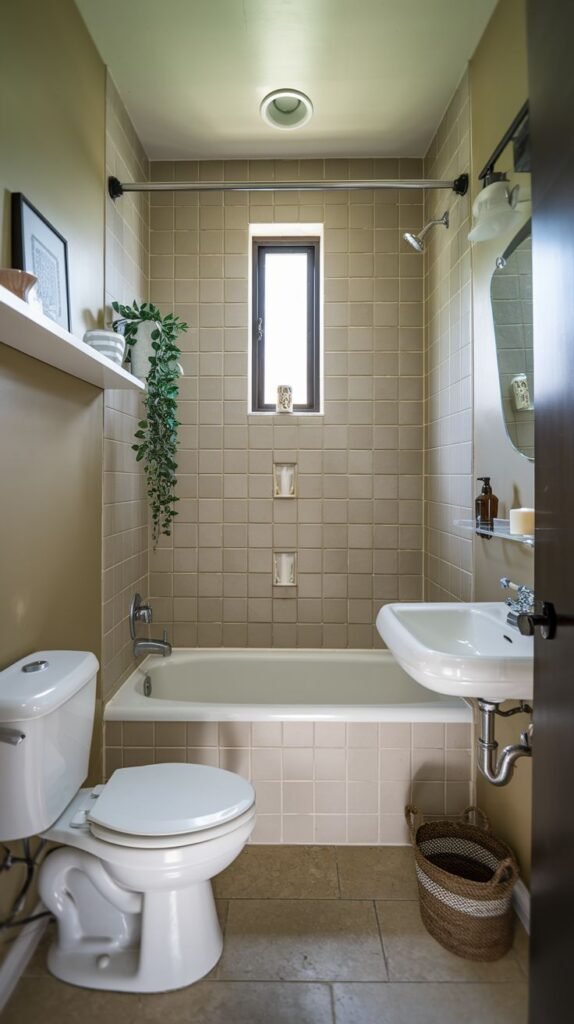 Small Full Bathroom with large square taupe tiles covering the tub surround, a narrow vertical window, two vertically stacked recessed niches, and a white floating shelf above the toilet.