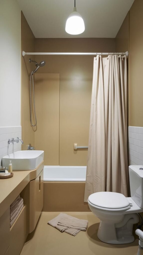 Small Full Bathroom with a contemporary monochromatic tan design, seamless wall paneling and tub skirt, floating vanity counter, white sink, and white subway tile accents near the toilet.