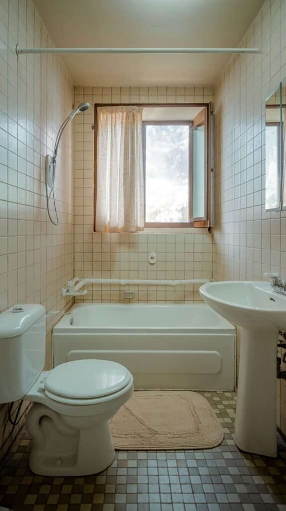 Small Full Bathroom with light square grid tiles on the walls, checkered dark floor tiles, a built-in tub beneath an open window, and a white pedestal sink.