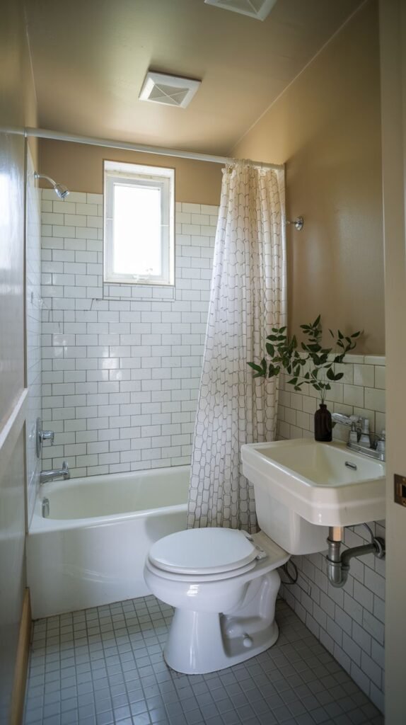 Small Full Bathroom featuring a white built-in tub/shower combo with white subway tile walls, a wall-mounted sink, toilet, and walls painted a warm brown/tan color.