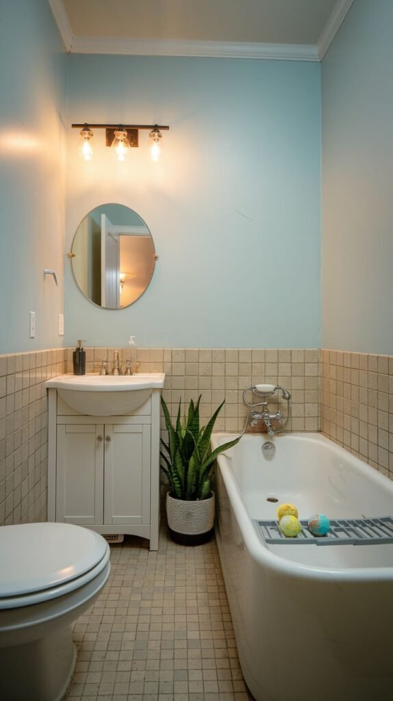 Small Full Bathroom featuring a white free-standing tub, pastel blue upper walls, light beige square tiled wainscoting, a compact white vanity, and a round mirror with exposed bulb lighting.