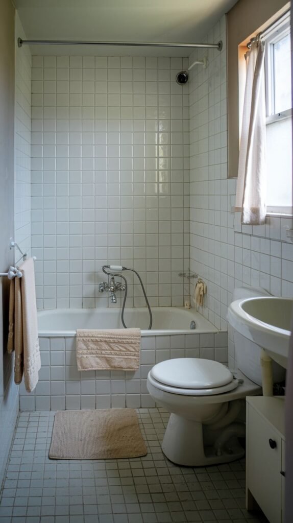 Small Full Bathroom with full white square grid wall tile, built-in tub, toilet, and a wall-mounted sink next to a sheer-curtained window.