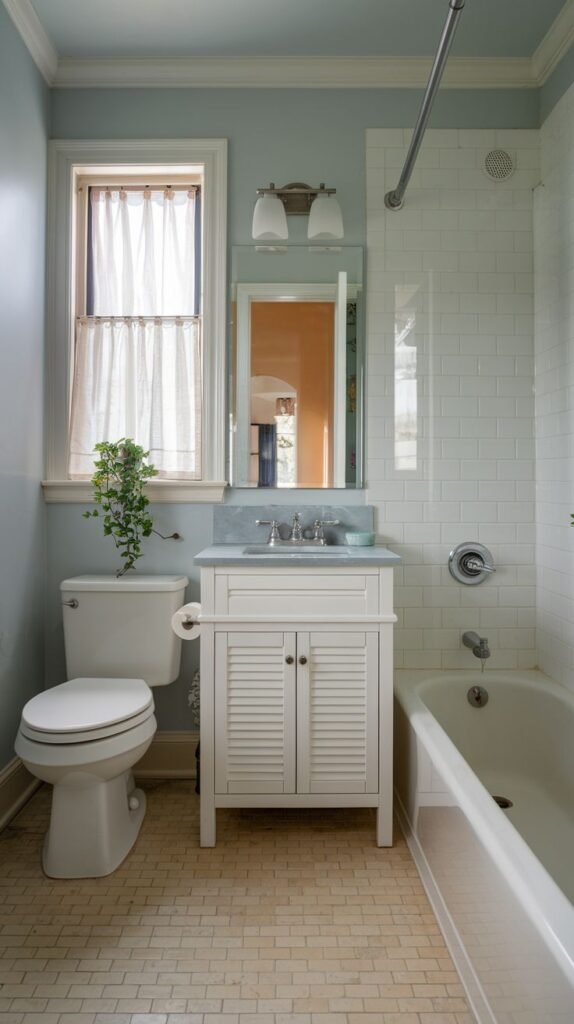 Small Full Bathroom with pastel blue walls, white subway tile shower, light tan square floor tiles, a louvered white vanity cabinet with a marble top, and a window with sheer white curtains.