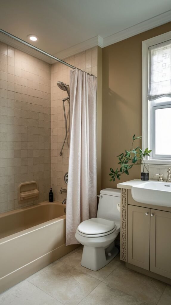 Small Full Bathroom featuring a neutral tan built-in tub, small square beige shower tiles, large light stone floor tiles, and a compact beige vanity with decorative detailing.