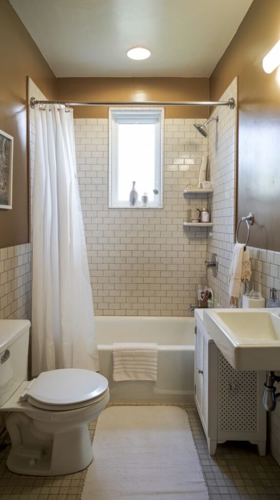 Small Full Bathroom with warm brown walls and white subway tile wainscoting, a built-in tub beneath a window, a white toilet, and a vanity cabinet with perforated side panels.