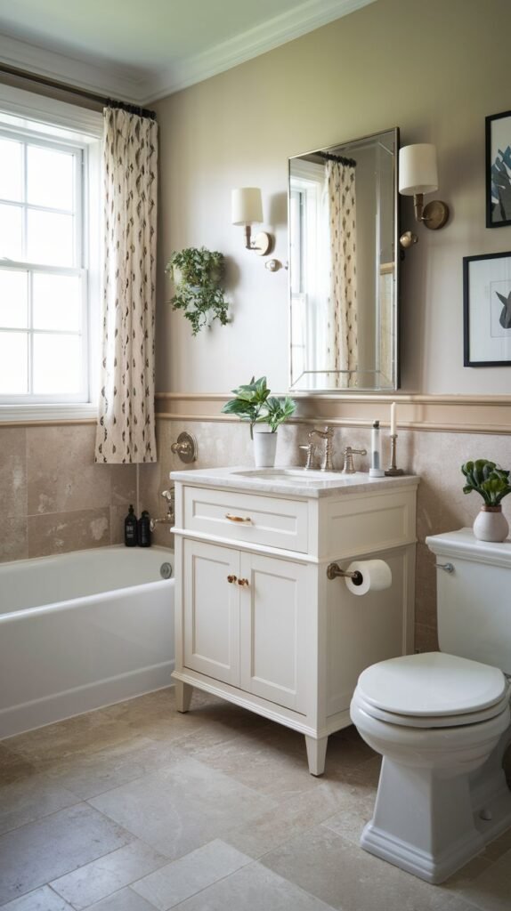 Small Full Bathroom with tan stone wainscoting and large format floor tiles, a white furniture-style vanity with marble top, a toilet, and patterned curtains by the tub.