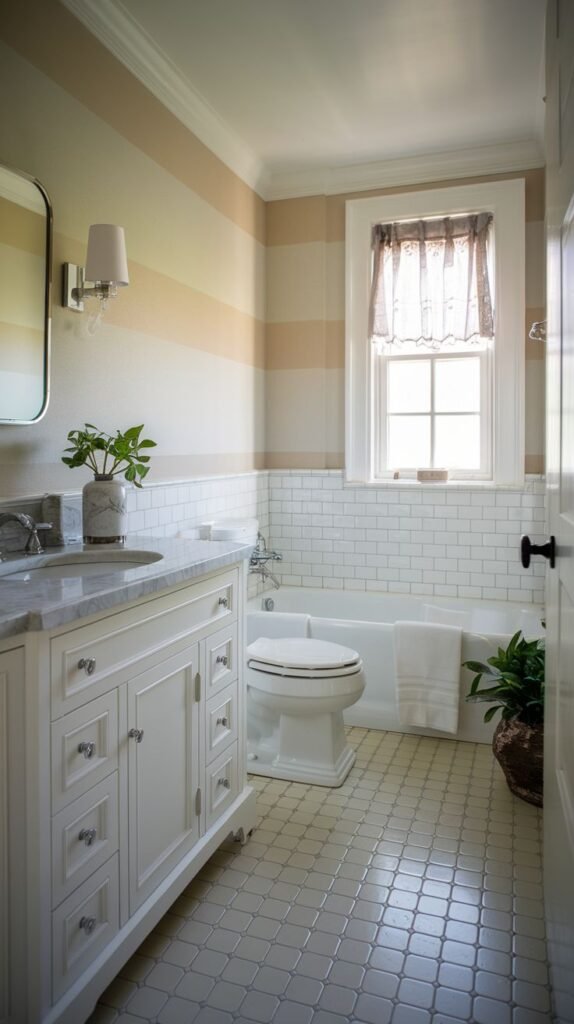 Small Full Bathroom featuring horizontal beige and tan striped walls, white subway tile wainscoting and tub skirt, a large white vanity with marble top, and white patterned floor tiles.