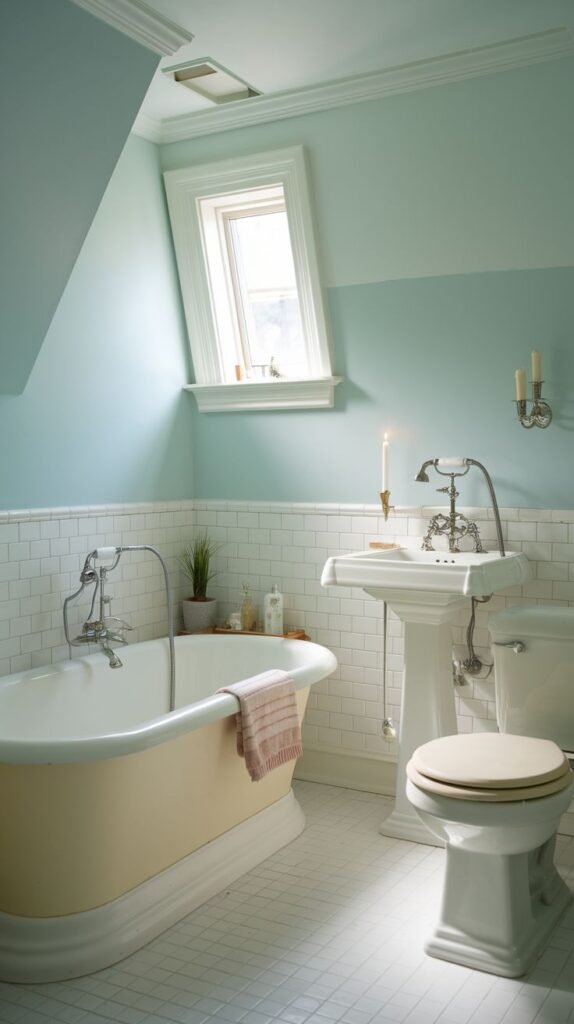 Small Full Bathroom located in an attic space with sloped walls painted light blue, white subway tile wainscoting, a free-standing tub, pedestal sink, and classic white toilet.