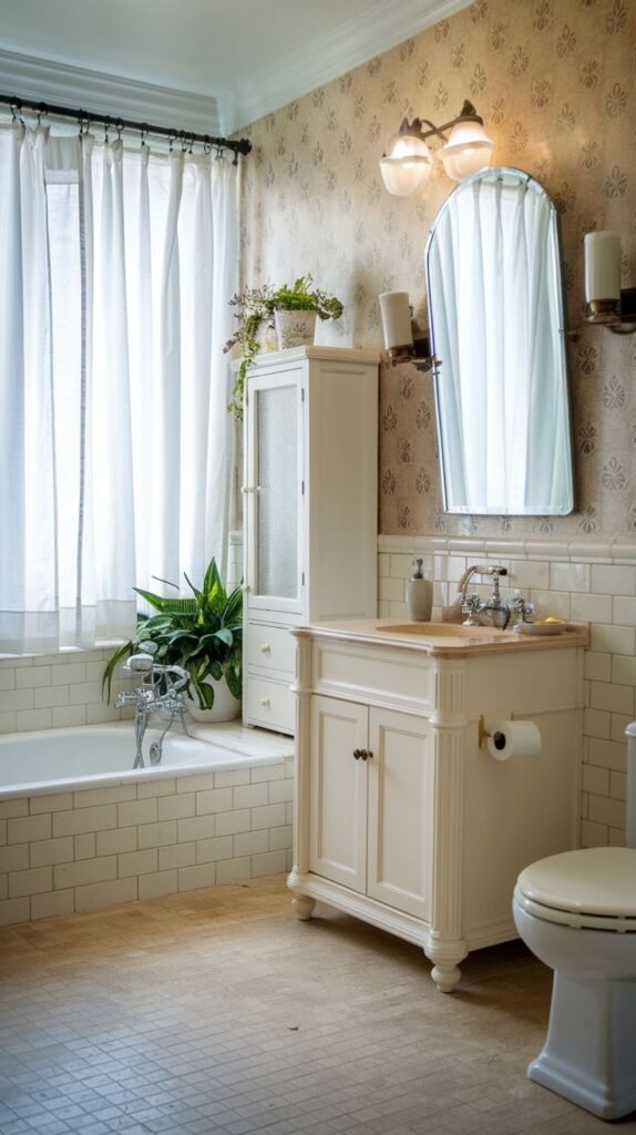 Small Full Bathroom with patterned beige wallpaper, white tiled tub surround and wainscoting, a light-colored furniture-style vanity, arched mirror, and sheer white curtain covering the window.