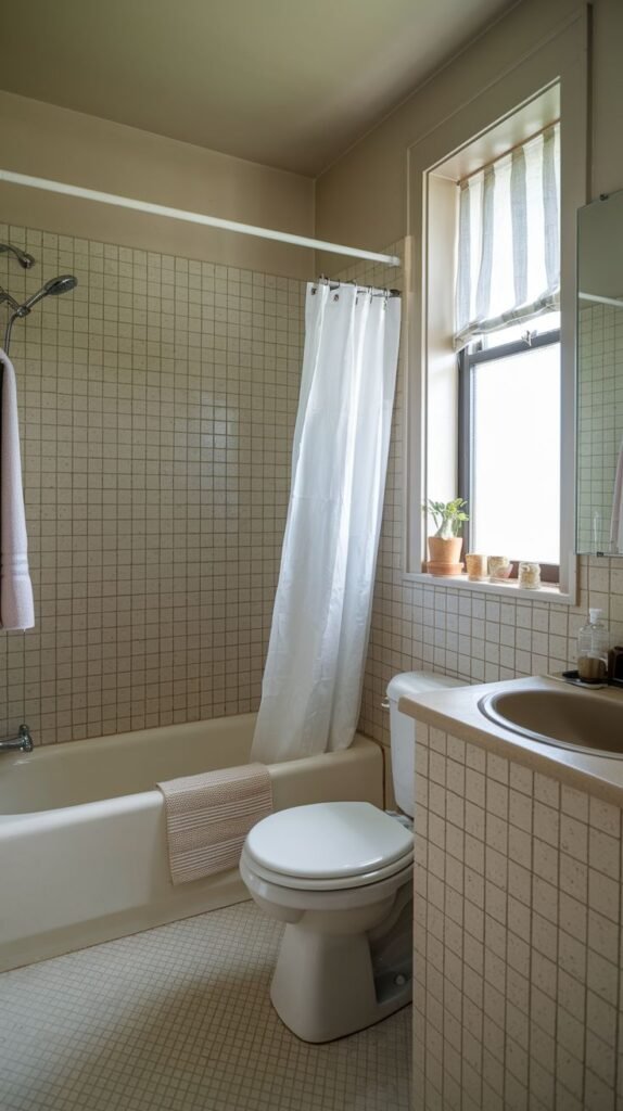 Small Full Bathroom with full beige grid wall tile, a window next to the toilet, a matching beige tiled vanity countertop with an integrated sink, and white hexagonal floor tiles.