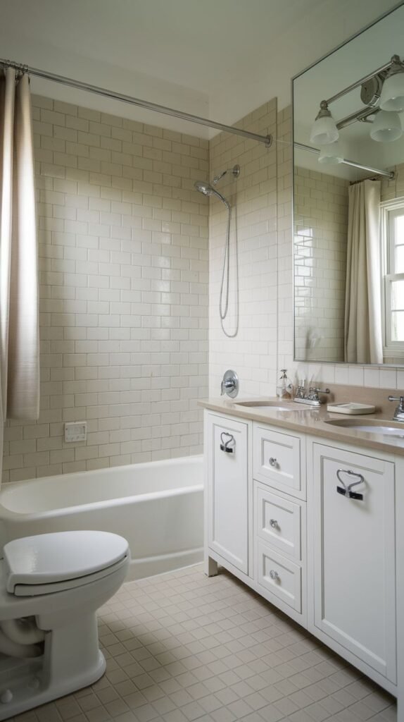 Small Full Bathroom with light beige subway tiles lining the tub/shower wall, a wide white vanity with multiple drawers, large mirrored cabinet, and square beige floor tiles.