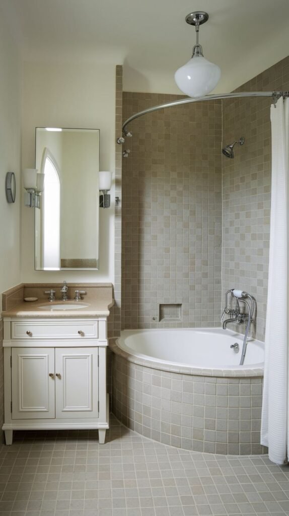 Small Full Bathroom featuring a rounded corner soaking tub tiled in small taupe square tiles, an adjacent white vanity with light stone countertop, and a distinctive hanging glass pendant light.