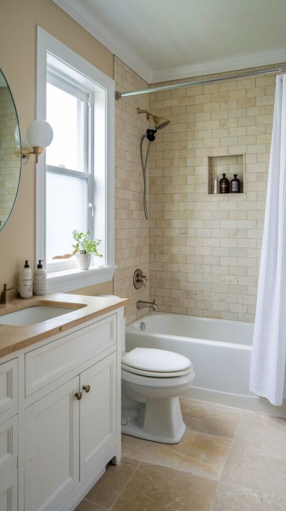 Small Full Bathroom with pale beige subway tile shower walls, a built-in recessed niche, large tan stone floor tiles, and a white vanity with a contrasting stone countertop.
