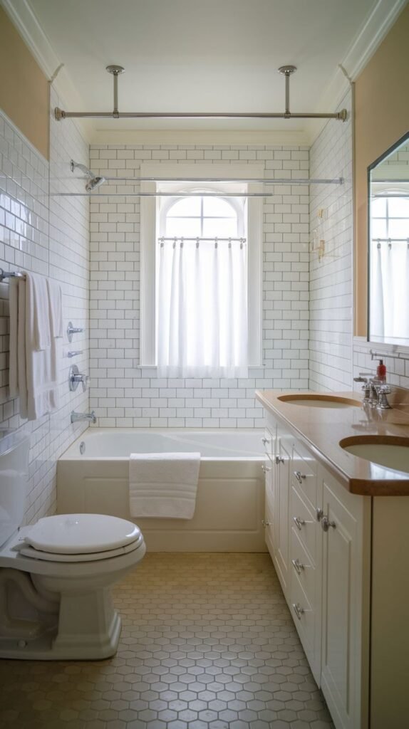 Small Full Bathroom with a long layout, full white subway tile wainscoting, an arched window above the tub, a long white vanity with double sinks, and light hexagonal floor tiles.