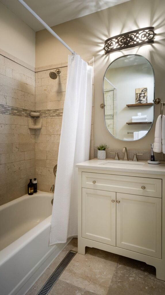 Small Full Bathroom with textured natural stone shower walls, a slim decorative accent stripe, a white tub, an oval mirror, and a visible linear floor drain near the tub.