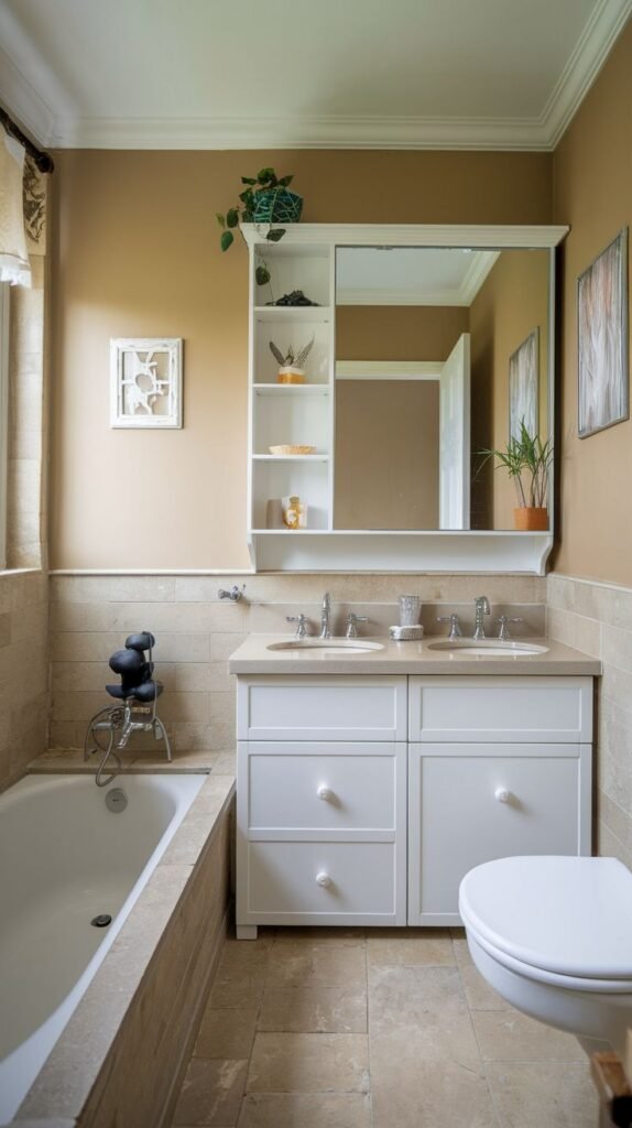 Small Full Bathroom with tan stone wainscoting and floor, a white double-drawer vanity, toilet, and a large mirrored medicine cabinet with integrated open shelving.