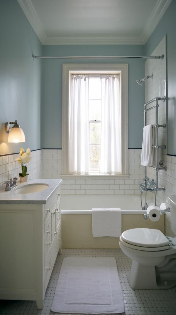 Small Full Bathroom with light blue upper walls, white subway tile wainscoting, a built-in tub beneath a window, and a chrome towel warmer/rack installed next to the shower area.