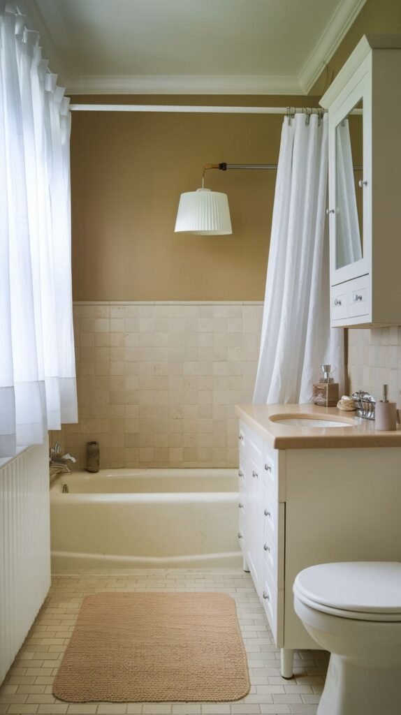 Small Full Bathroom featuring warm tan walls, square beige tiled wainscoting and tub surround, a white mirrored storage cabinet, and a large, pleated white pendant light fixture.