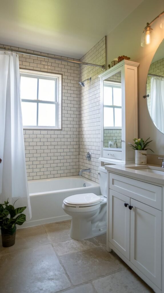 Small Full Bathroom with white subway tile shower walls, large irregular tan stone floor tiles, a white vanity cabinet, a mirrored wall cabinet, and a round mirror.