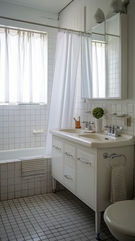 Small Full Bathroom with full white square grid wall tiling, dark gray square floor tiles, a wide white double-sink vanity, and a built-in mirrored medicine cabinet above.