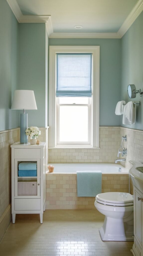 Small Full Bathroom with pale blue walls, light beige/cream subway tile wainscoting, a built-in tub beneath a window with a blue roman shade, and a white open storage cabinet holding towels.