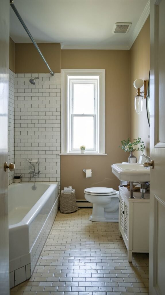 Small Full Bathroom in a narrow space with white subway tile wainscoting, an elongated tub, warm tan walls, a white console sink, and light rectangular floor tiles.