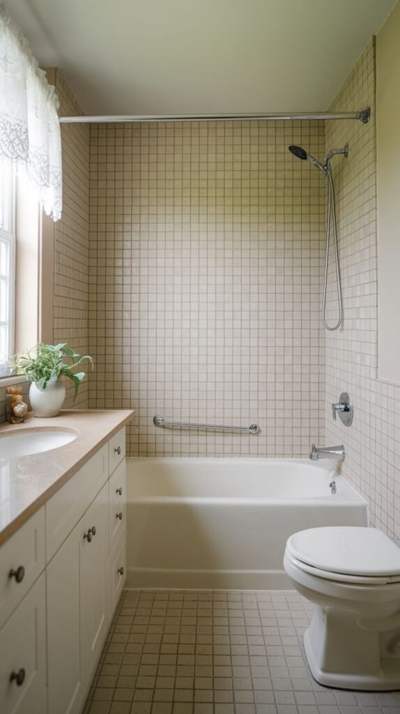 Small Full Bathroom with white fixtures, small beige grid tiles covering the walls and floor, a built-in tub with a horizontal safety grab bar, and a vanity near a lace-curtained window.