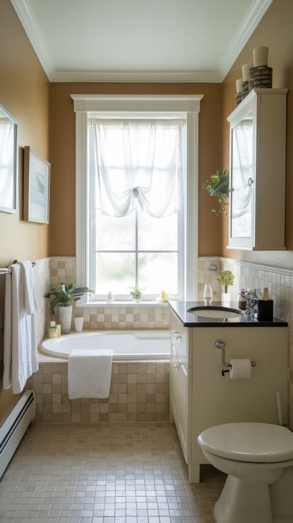 Small Full Bathroom with a deep built-in rounded tub under a large sheer-curtained window, small square tan mosaic tiles on the floor and tub skirt, a dark countertop vanity, and golden tan walls.
