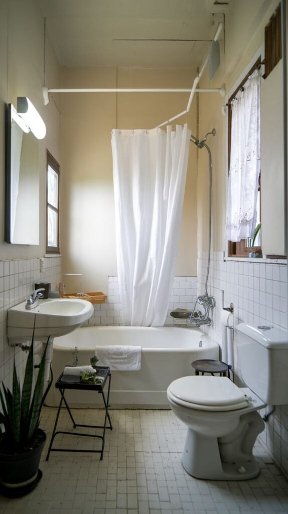 Small Full Bathroom with vintage aesthetic, white subway tile wainscoting, a wall-mounted sink with exposed plumbing, a tub, toilet, and a black metal folding side table.