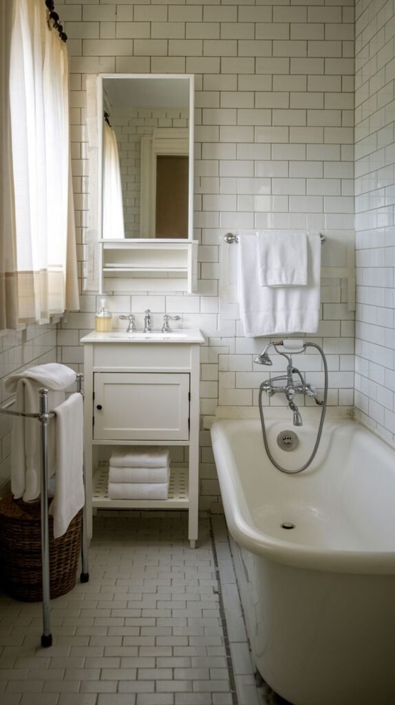 Small Full Bathroom featuring a classic free-standing tub, full white subway tile walls, a small white vanity sink cabinet, and light gray rectangular floor tiles.