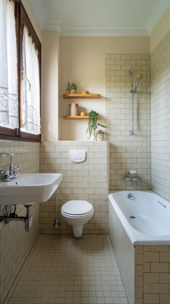 Small Full Bathroom with light cream subway tile wainscoting and tub surround, a wall-mounted sink, wall-hung toilet, and two simple wooden floating shelves above the toilet.