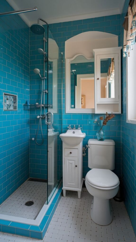 Tiny Full Bathroom defined by bright turquoise blue subway tiles covering the walk-in shower area, opposite a toilet and small white vanity.
