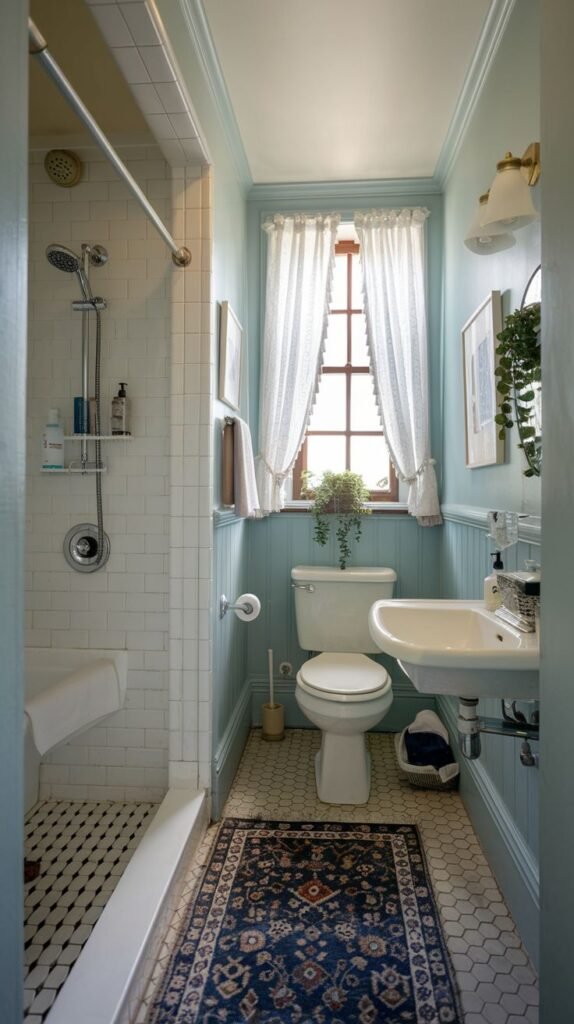 Tiny Full Bathroom with light blue walls and white beadboard wainscoting, featuring a shower stall with a built-in seat and a patterned rug on the hexagonal floor.