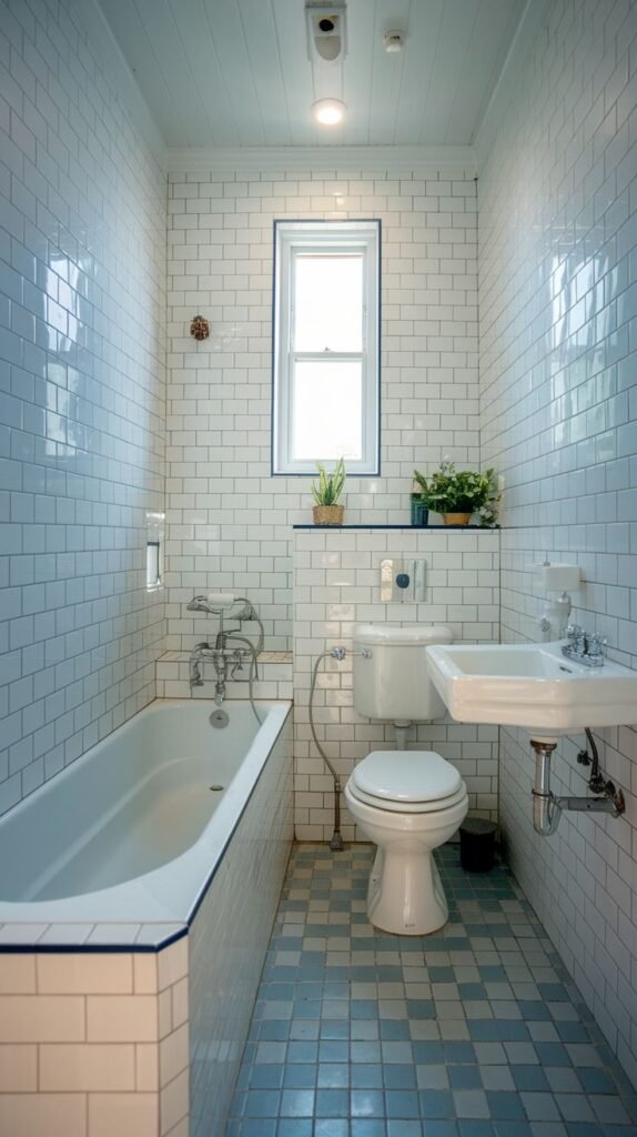 Tiny Full Bathroom featuring a narrow layout, white subway tile walls, a standard bathtub, and blue and white checkered floor tiling.