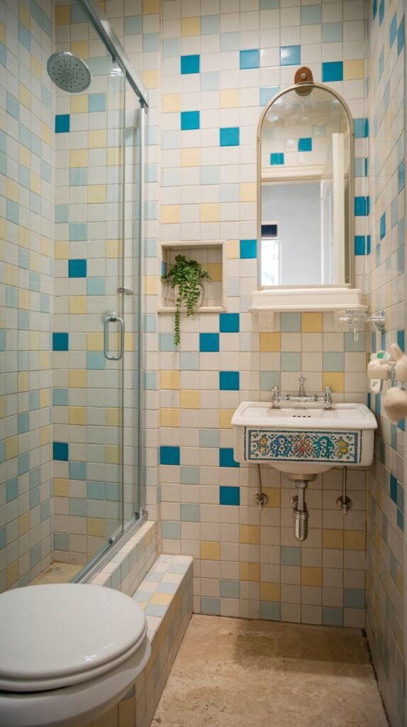 Tiny Full Bathroom decorated entirely with multi-colored (blue, yellow, white) square tiles, including a glass-enclosed shower and a basin sink with a decorative front panel.