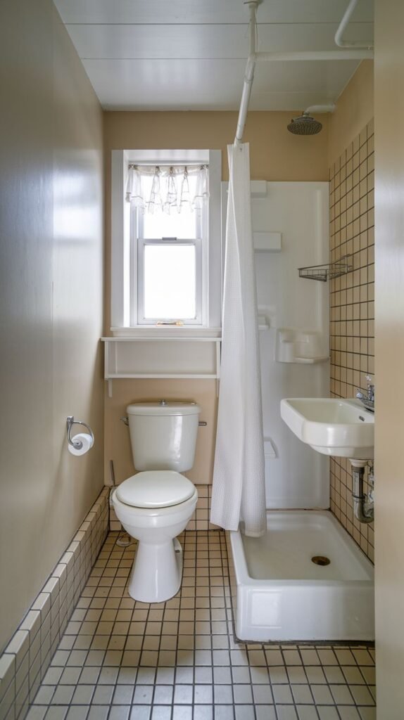 Tiny Full Bathroom featuring beige painted walls, dark grid floor tiles, a toilet, and a compact shower stall enclosed by a white curtain.