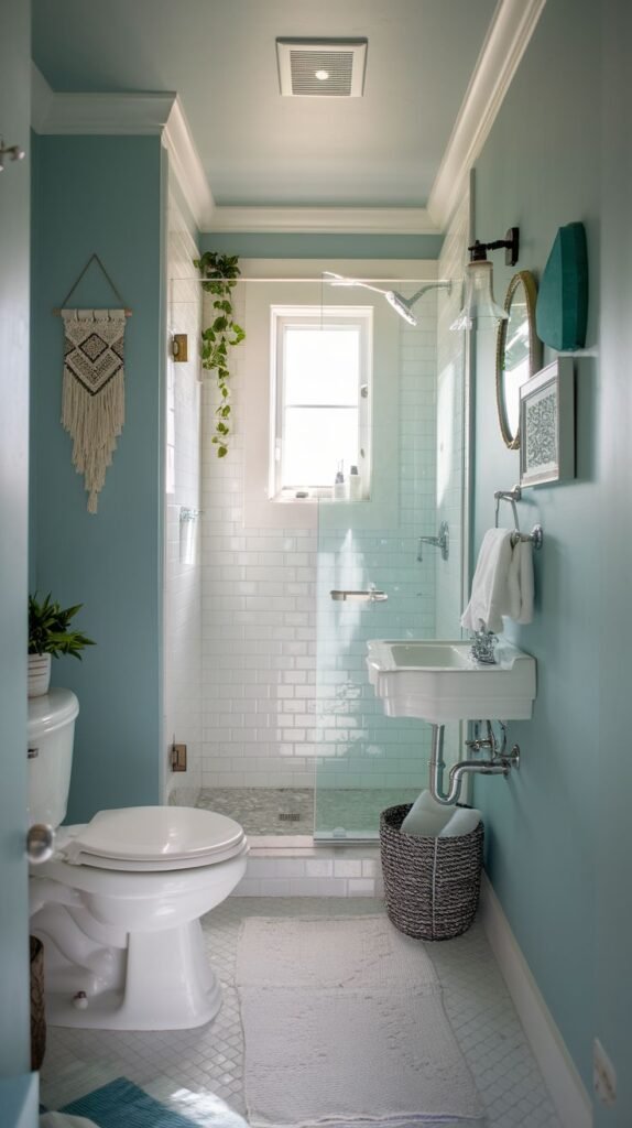 Tiny Full Bathroom with light blue walls, a wall-mounted sink, a toilet, and a long narrow glass-enclosed shower area featuring white subway tile.