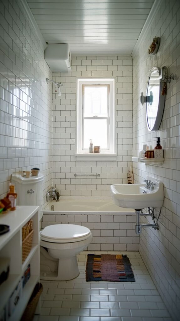 Tiny Full Bathroom completely clad in white subway tile, showing a bathtub/shower combination, a wall-mounted sink, and additional storage shelving.