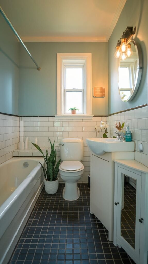 Tiny Full Bathroom featuring teal upper walls, white subway tile wainscoting, a standard tub, and dark square floor tiles.