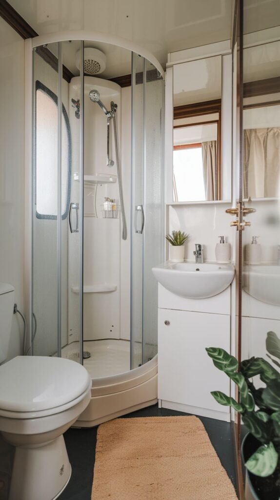 Tiny Full Bathroom utilizing a compact, curved white corner shower enclosure, positioned next to the toilet and a white vanity with a basin sink.