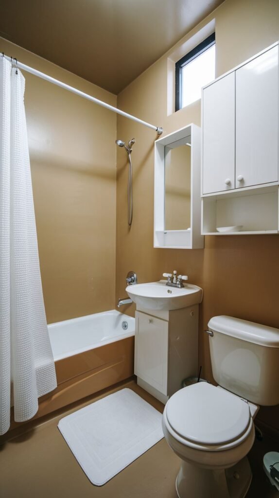 Tiny Full Bathroom in warm tan tones, showing a bathtub with a white shower curtain, a wall-mounted sink, and stacked white storage cabinetry.