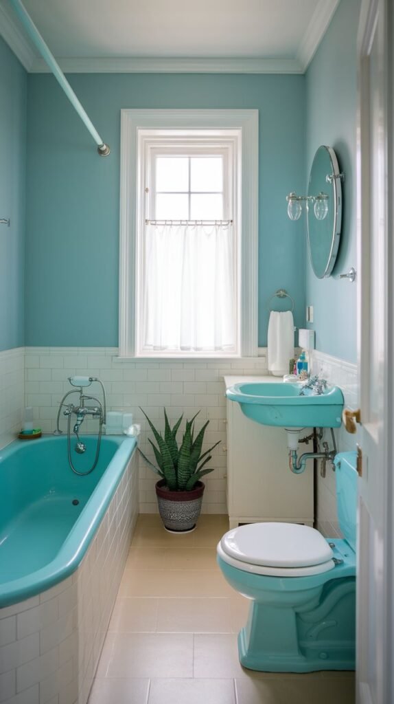 Tiny Full Bathroom with light blue walls and wainscoting, accented dramatically by vintage aqua blue fixtures including the toilet and bathtub.