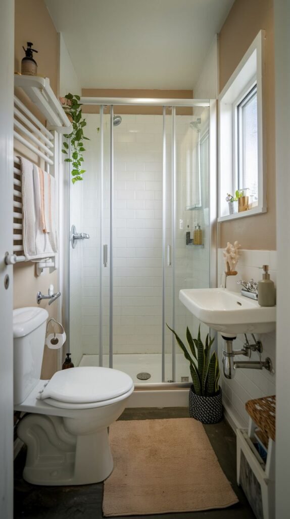 Tiny Full Bathroom with a narrow layout, including a functional glass-enclosed shower, a toilet, and a vertical heated towel rack adjacent to the sink.
