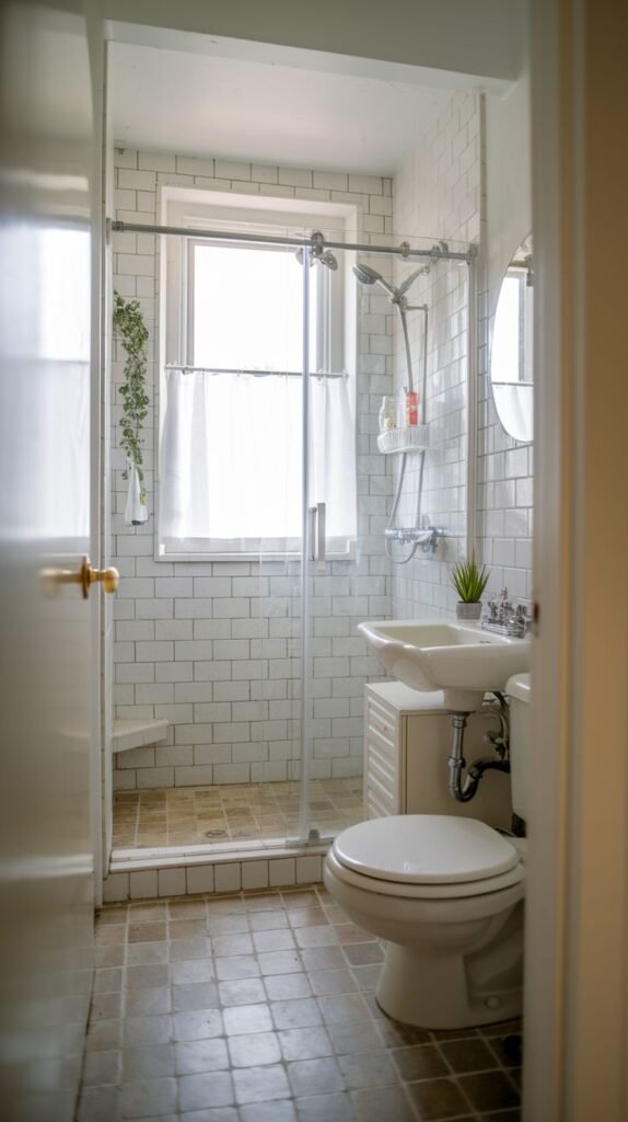 Tiny Full Bathroom featuring walls tiled in white subway tile, a toilet, a small vanity, and a glass-enclosed shower surrounding a central window.