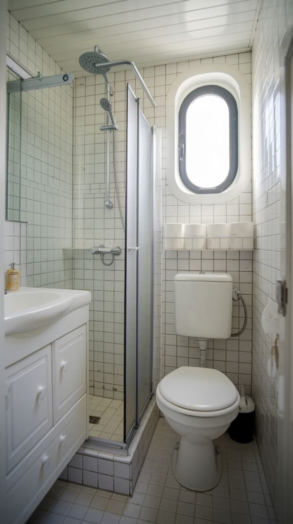 Tiny Full Bathroom featuring white grid tiles covering the walls, a compact glass shower enclosure, and a distinctive oval porthole window above the toilet.