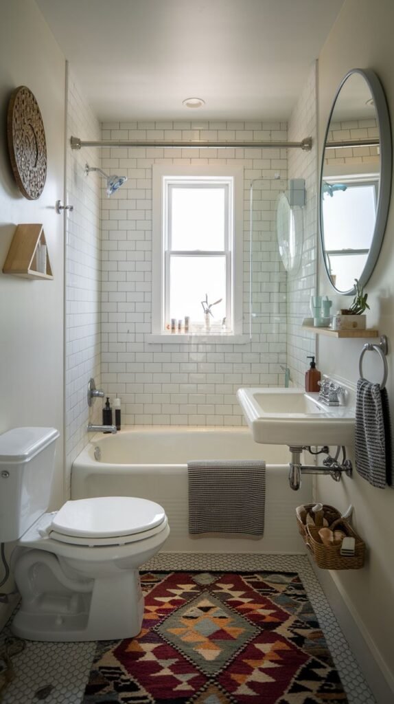 Tiny Full Bathroom featuring white subway tile around the tub/shower area, enhanced by a large, colorful geometric patterned rug on the white hexagonal floor.