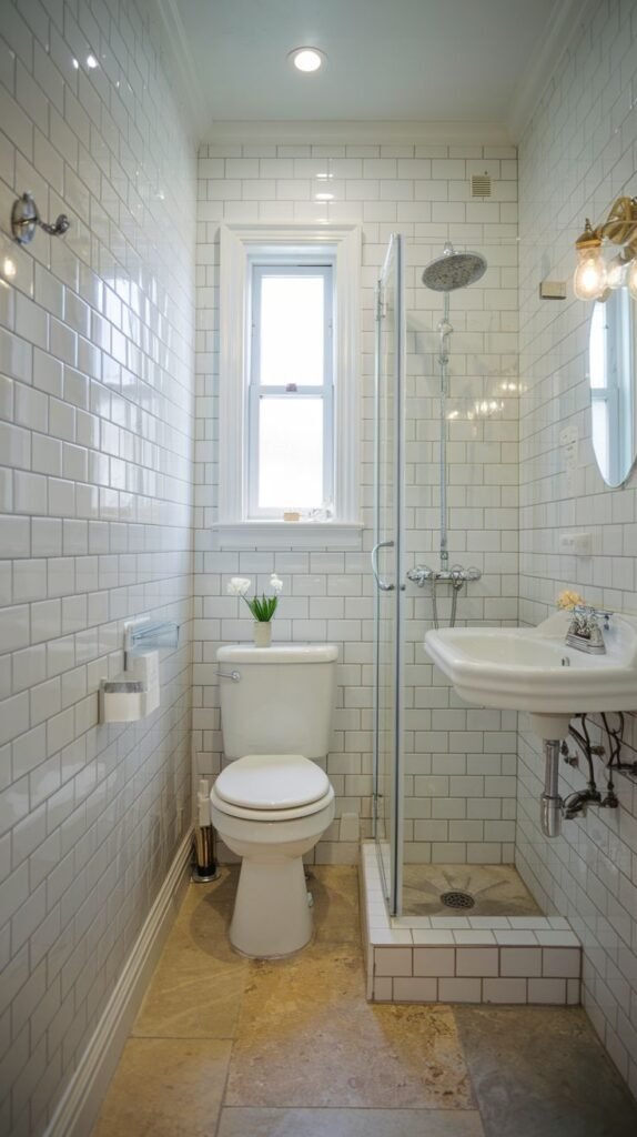 Tiny Full Bathroom with bright white subway tile walls, a raised shower base with glass enclosure, a toilet, and large, neutral stone floor tiles.